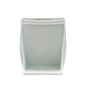 A green standup bag on a white background. 