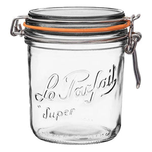 A 750ml clear glass preserving jar with a metal clasp and rubber seal, branded with 'Le Parfait'.