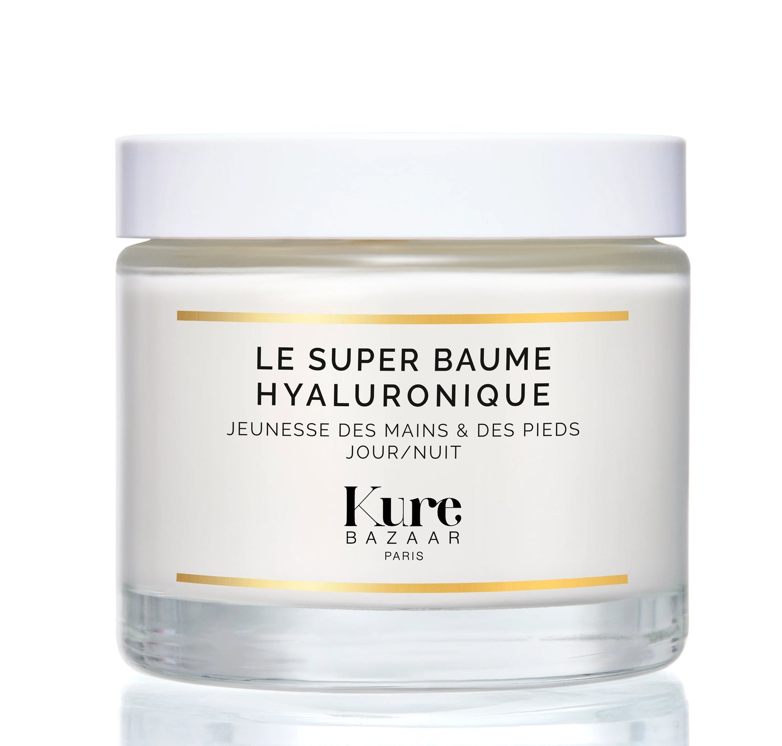 A clear jar with a white lid containing the Kure Bazaar Hyaluronic Super Balm, labeled for hands and feet.