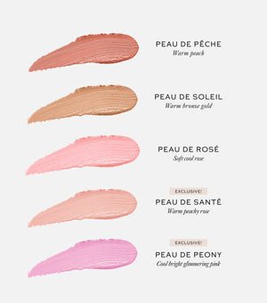 Color swatches labeled 'Peau de Pèche', 'Peau de Soleil', 'Peau de Rosé', 'Peau de Santé', and 'Peau de Peony' on a white background.