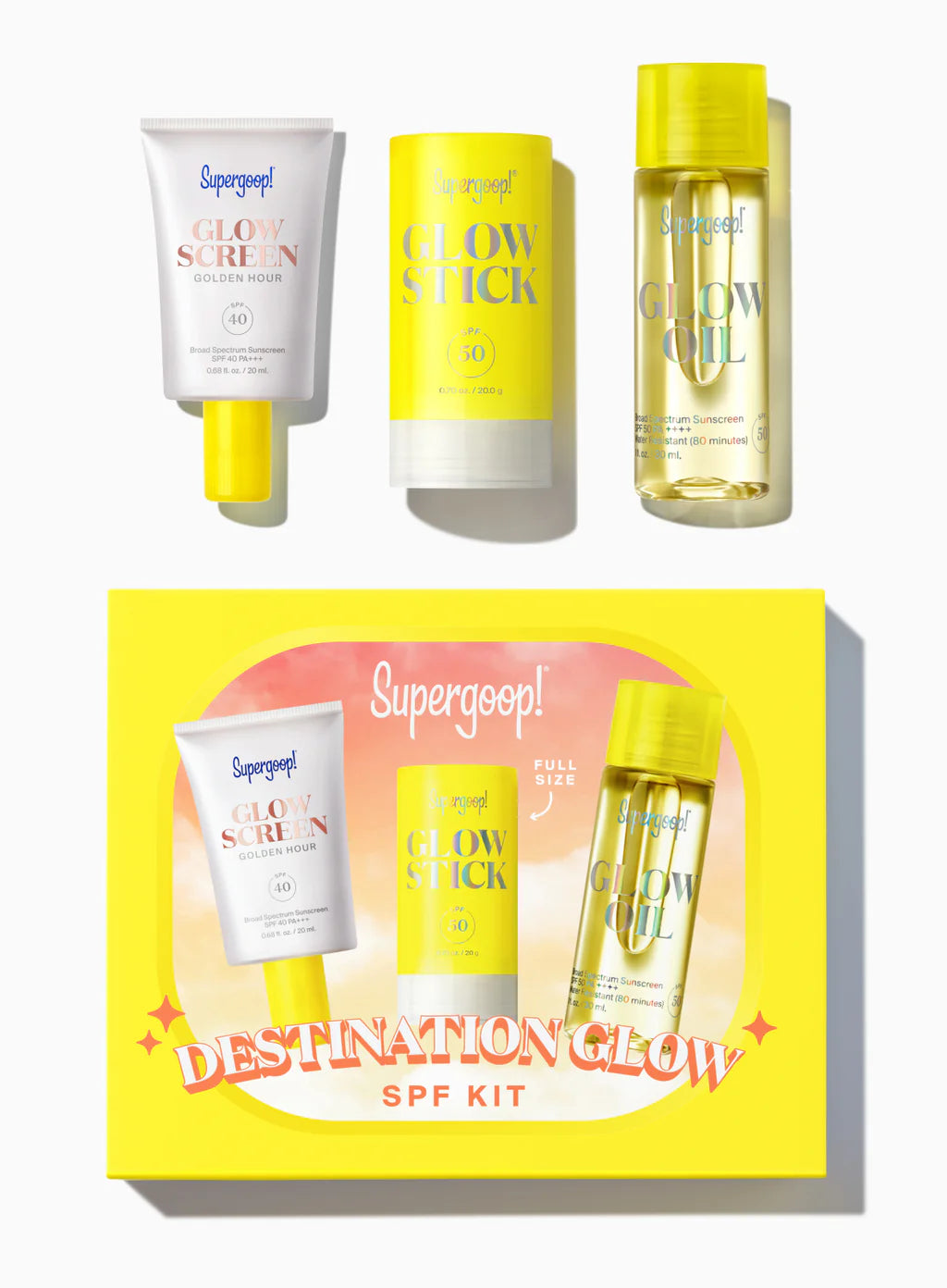 Supergoop! Destination Glow SPF kit with various skincare products on a white background
