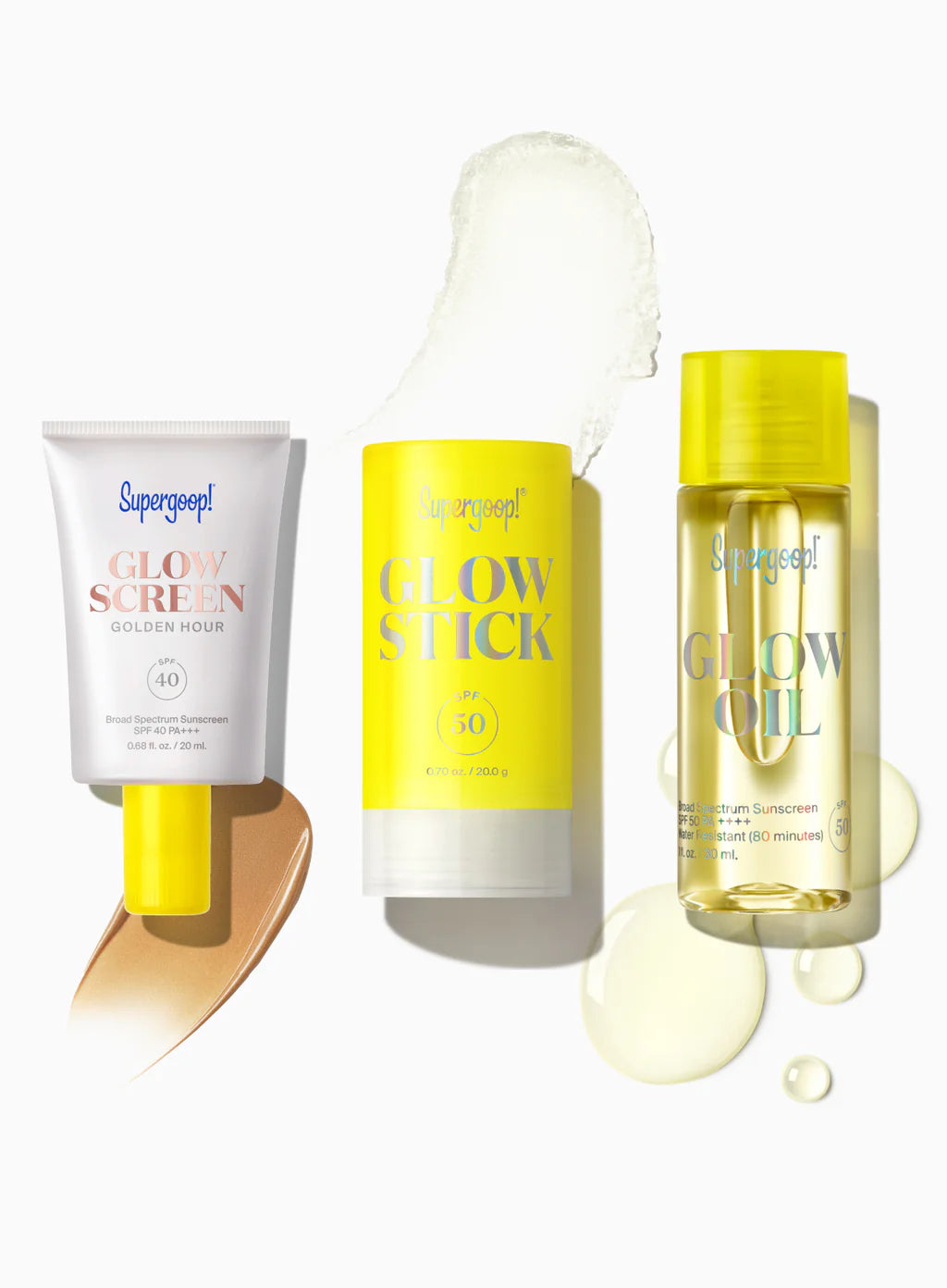 Supergoop! Destination Glow SPF kit with various skincare products on a white background