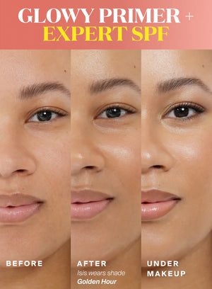 Before, after, and under makeup comparison of a woman's face with text 'Glowy Primer + Expert SPF'.