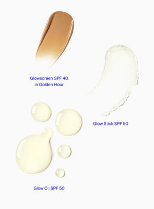 A swatch of Glow Oil SPF 50, Glowscreen SPF 40 in Golden Hour and Glow Stick 50