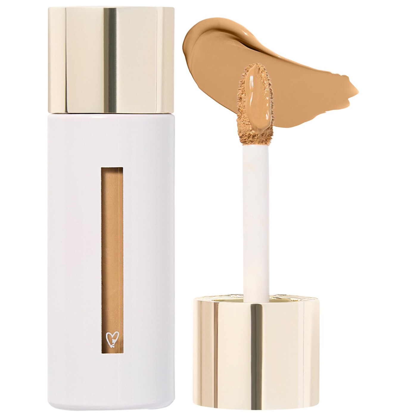 Cosmetic concealer with applicator and swatch on a white background