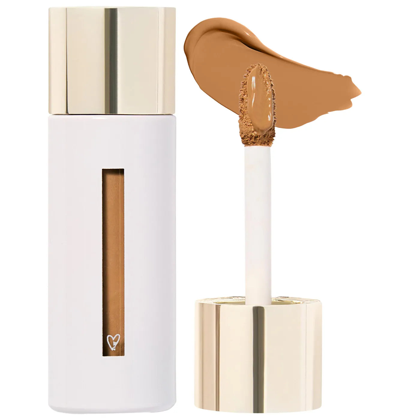 Cosmetic concealer with applicator and swatch on a white background
