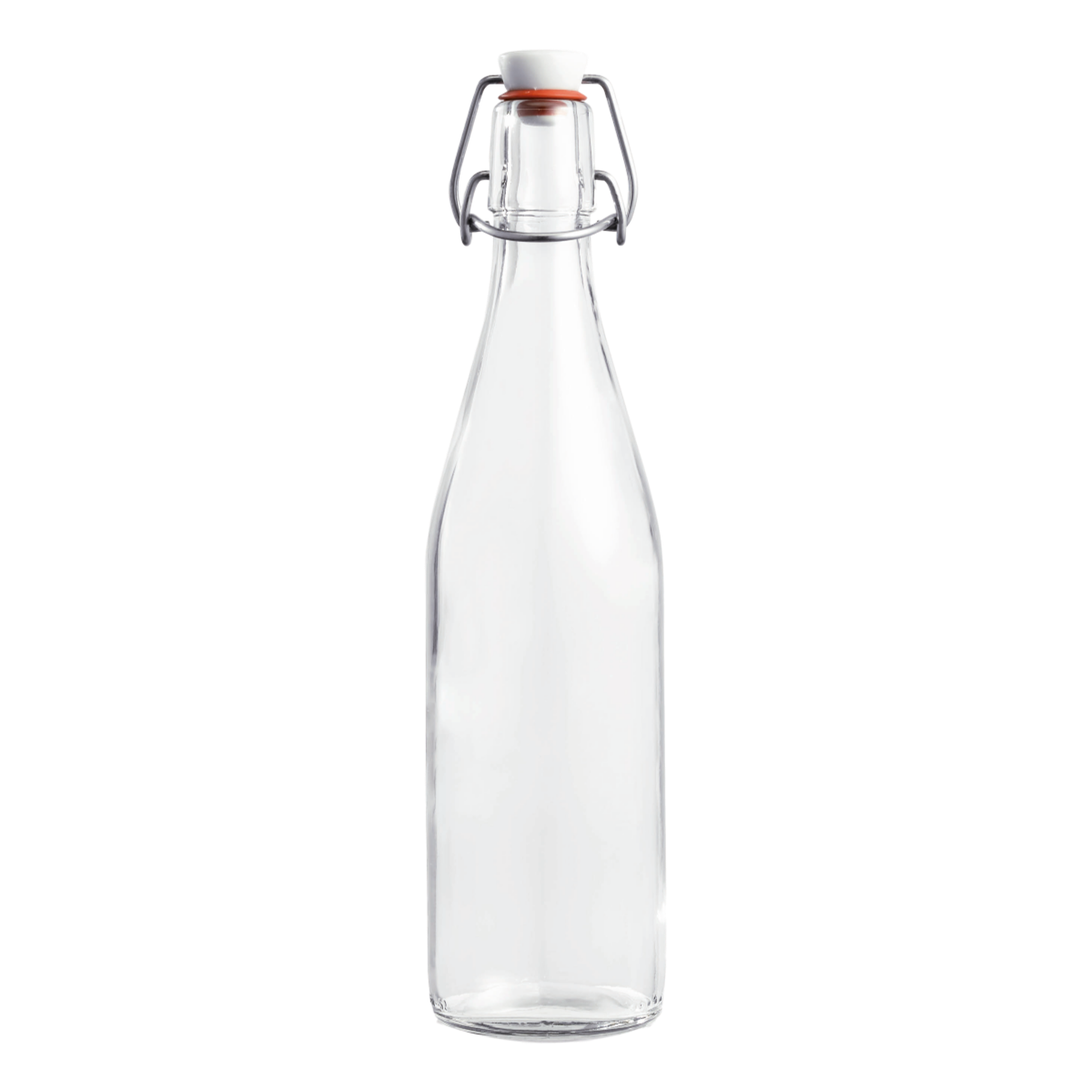 A 500ml clear French glass swing top bottle with an airtight hinged stopper, suitable for preserving foods.