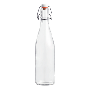 A 500ml clear French glass swing top bottle with an airtight hinged stopper, suitable for preserving foods.