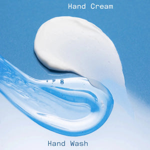 Hand cream and hand wash on a blue background