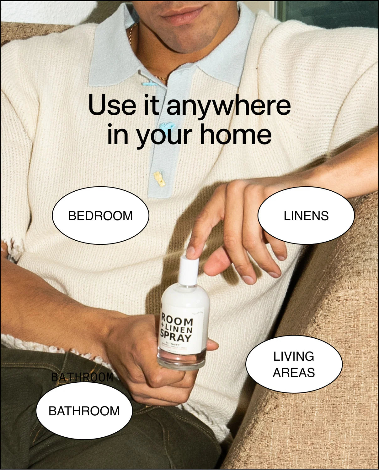 Person holding a room linen spray with text indicating its use in various home areas.