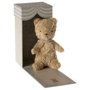 Teddy bear in a decorative box with a striped top on a white background