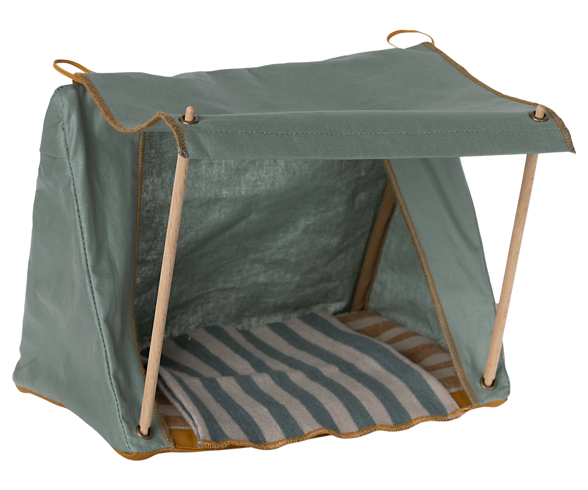 A small, green, fabric mouse tent with a striped interior and wooden poles.