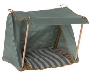 A small, green, fabric mouse tent with a striped interior and wooden poles.
