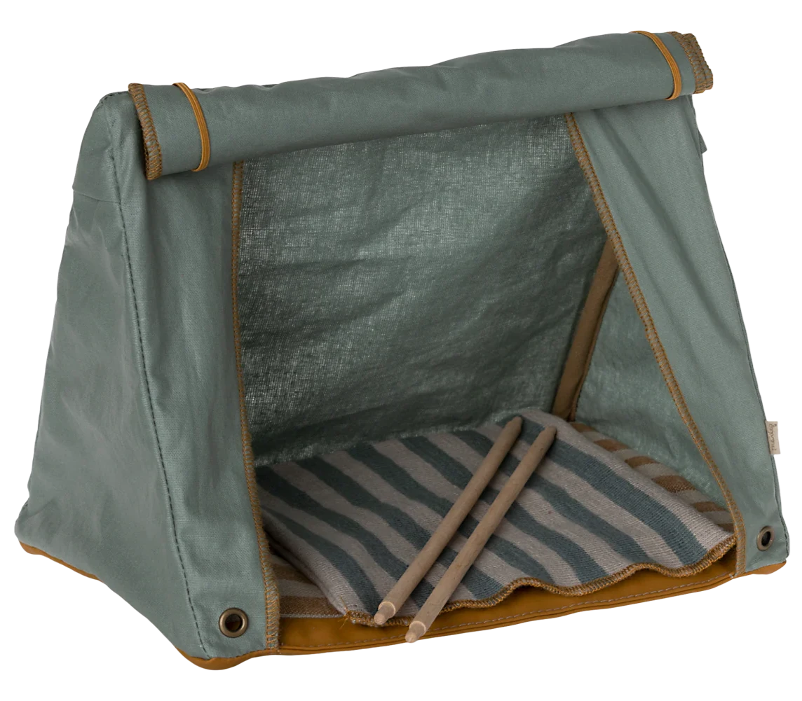 A small, green, fabric mouse tent with a striped interior and wooden poles.