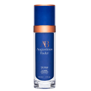 Augustinus Bader the cream bottle with blue and copper design on a white background