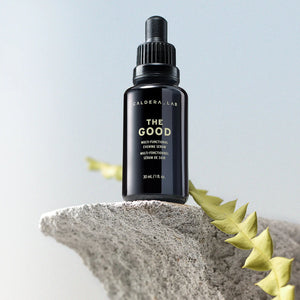 A bottle of the good sitting atop a rock with a fern in the foreground. 