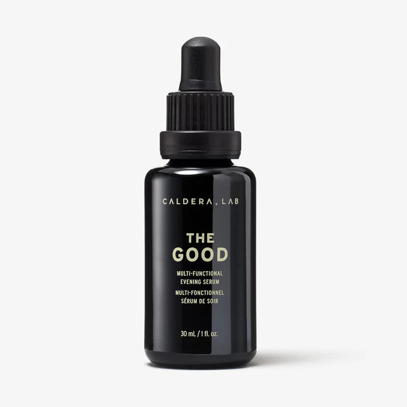 A black glass bottle with a dropper labeled Caldera + Lab "The Good".