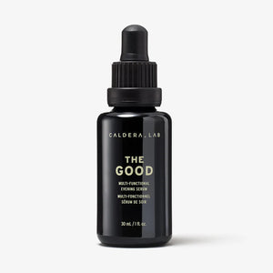 A black glass bottle with a dropper labeled Caldera + Lab "The Good".