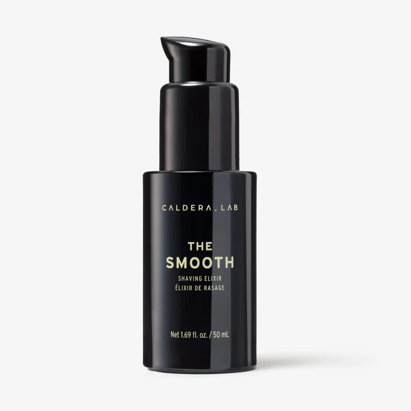 A black pump bottle labeled 'Caldera + Lab | The Smooth Shaving Cream' with 50 ml volume indicated.