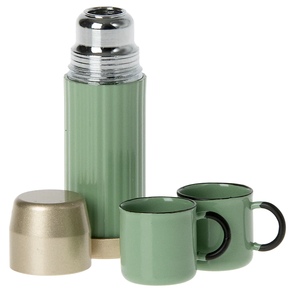 A set of toy thermos and cups in green and beige colors, designed to be used by a toy mouse.