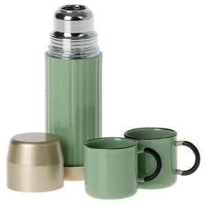 A set of toy thermos and cups in green and beige colors, designed to be used by a toy mouse.