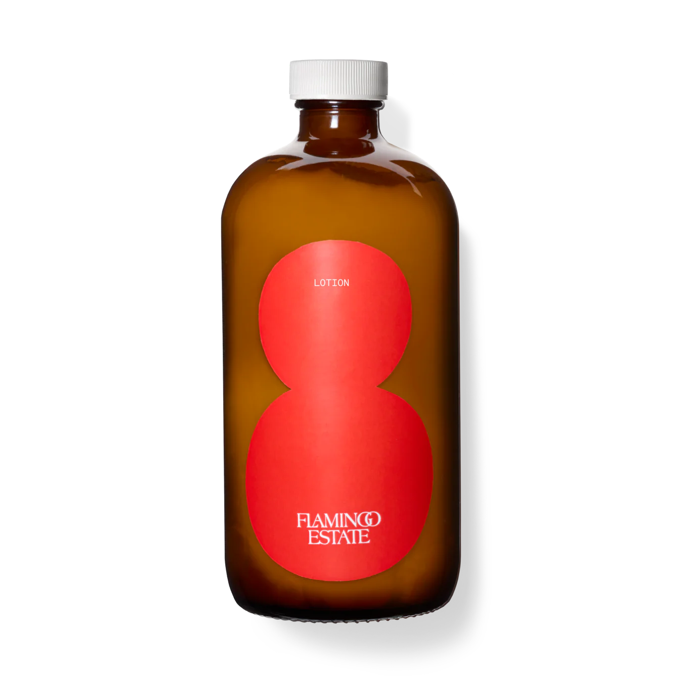 Flamingo Estate tomato lotion, in a brown glass bottle with a white top