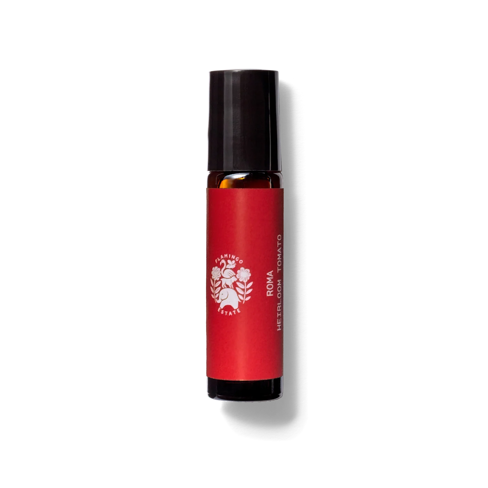 Flamingo Estate roma tomato fragrance oil, in a small brown bottle with a red label
