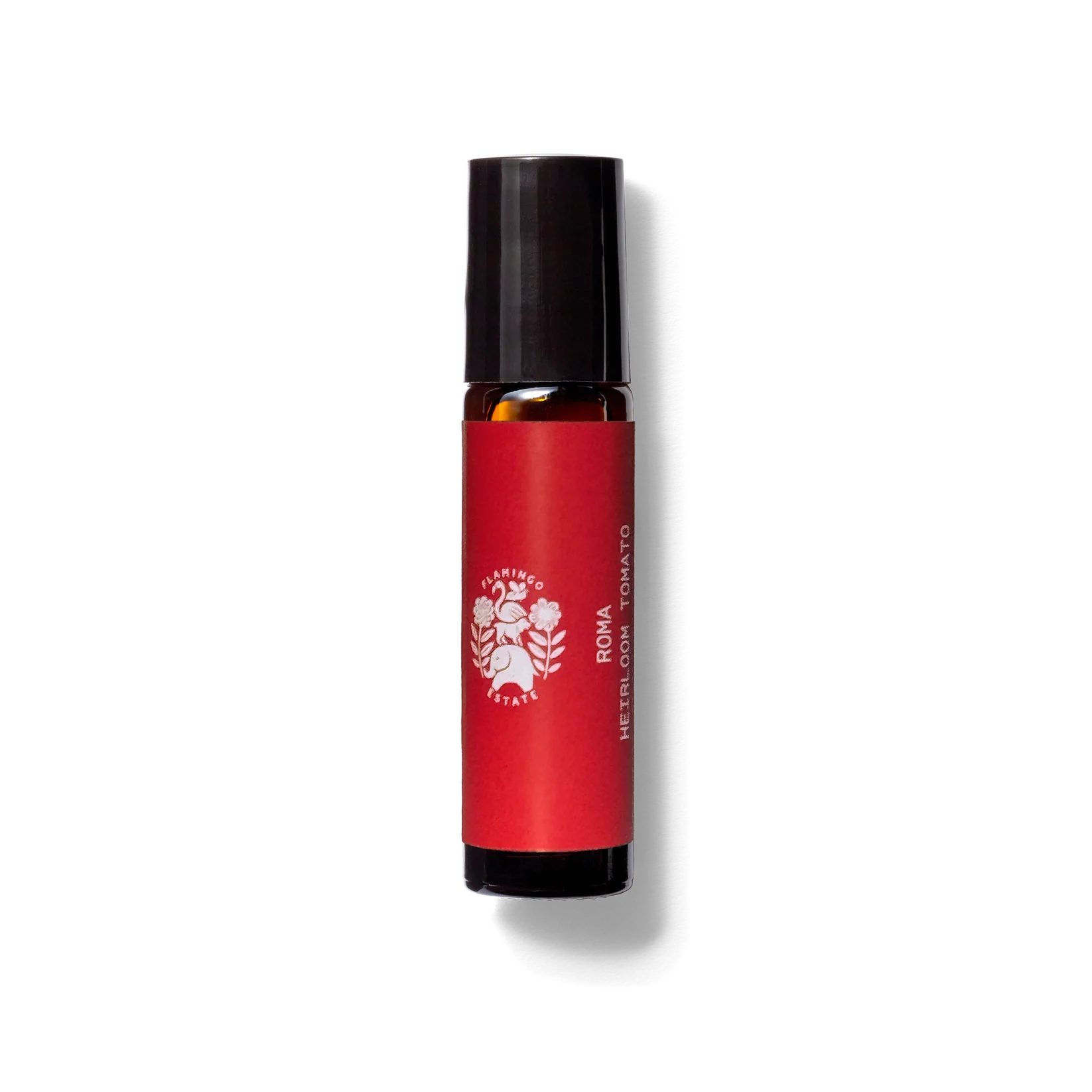 Flamingo Estate roma tomato fragrance oil, in a small brown bottle with a red label