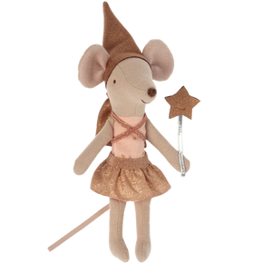Stuffed mouse toy dressed as a fairy with a star wand on a white background