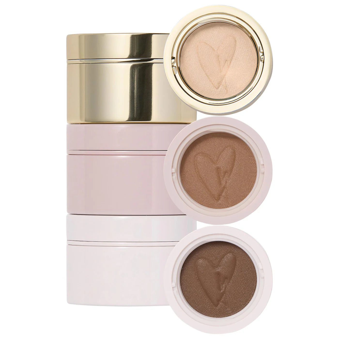 Three round eye shadow pods with a cream-to-powder consistency, displayed in natural shades with a golden, pink, and purple color scheme. Each pod has a unique texture with a logo at the center.