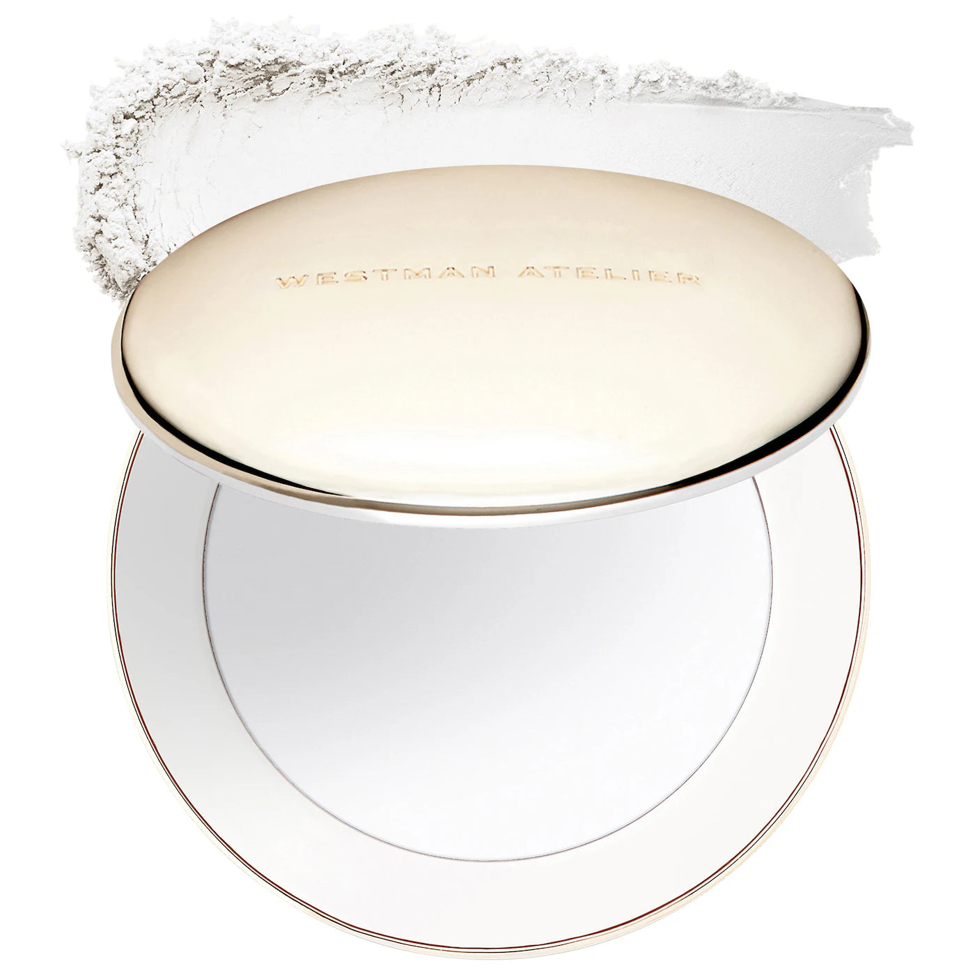 Makeup compact with powder on a white background