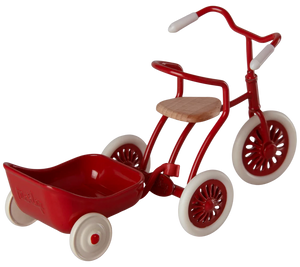 Red tricycle with a wooden seat and white wheels on a white background.