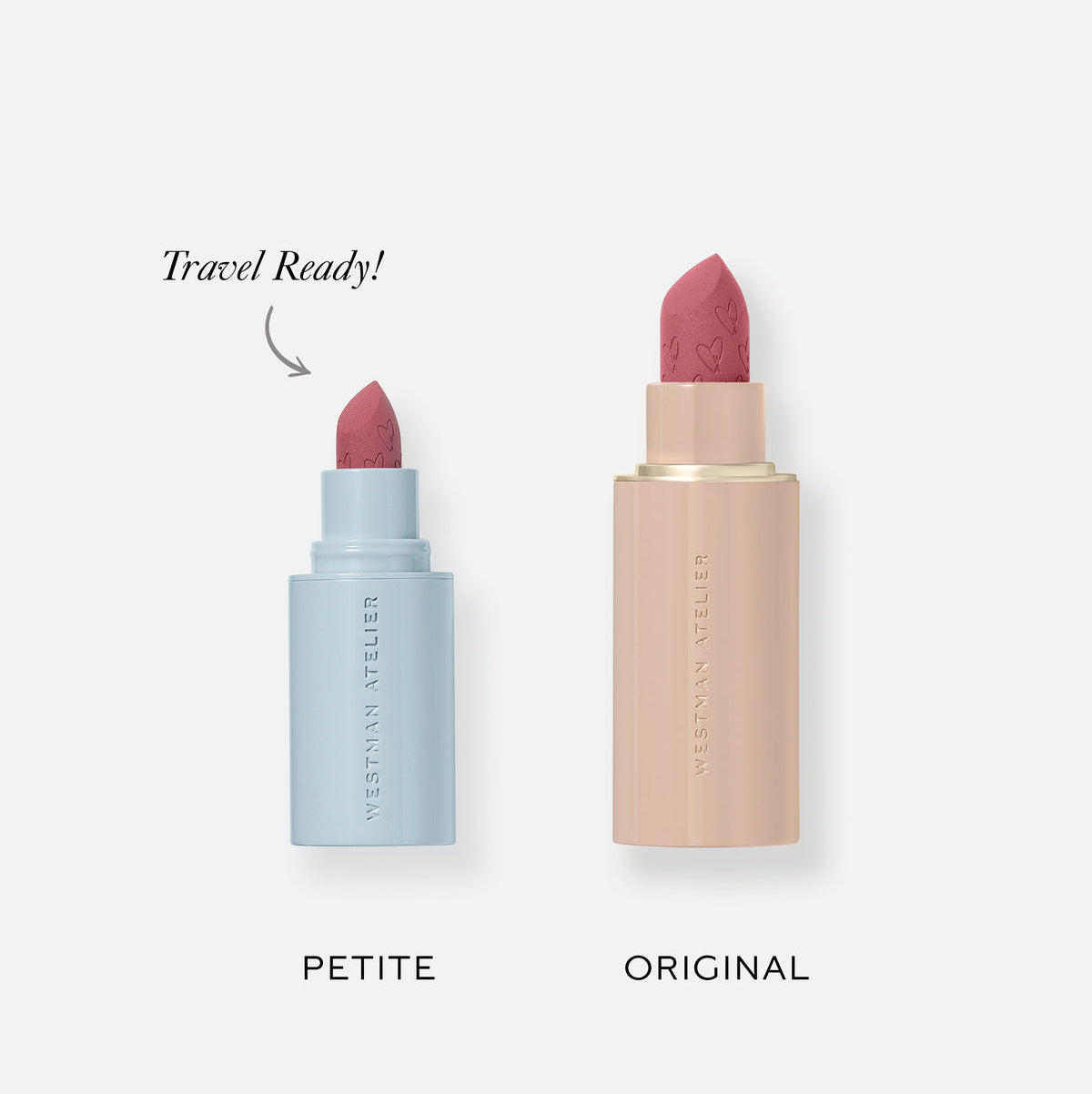 Two lipsticks, one labeled 'Petite' and the other 'Original', on a white background.