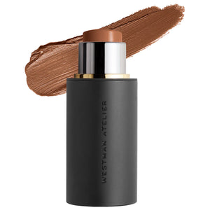 Black cosmetic stick with brown applicator and swatch on white background, featuring 'Westman Atelier' branding.