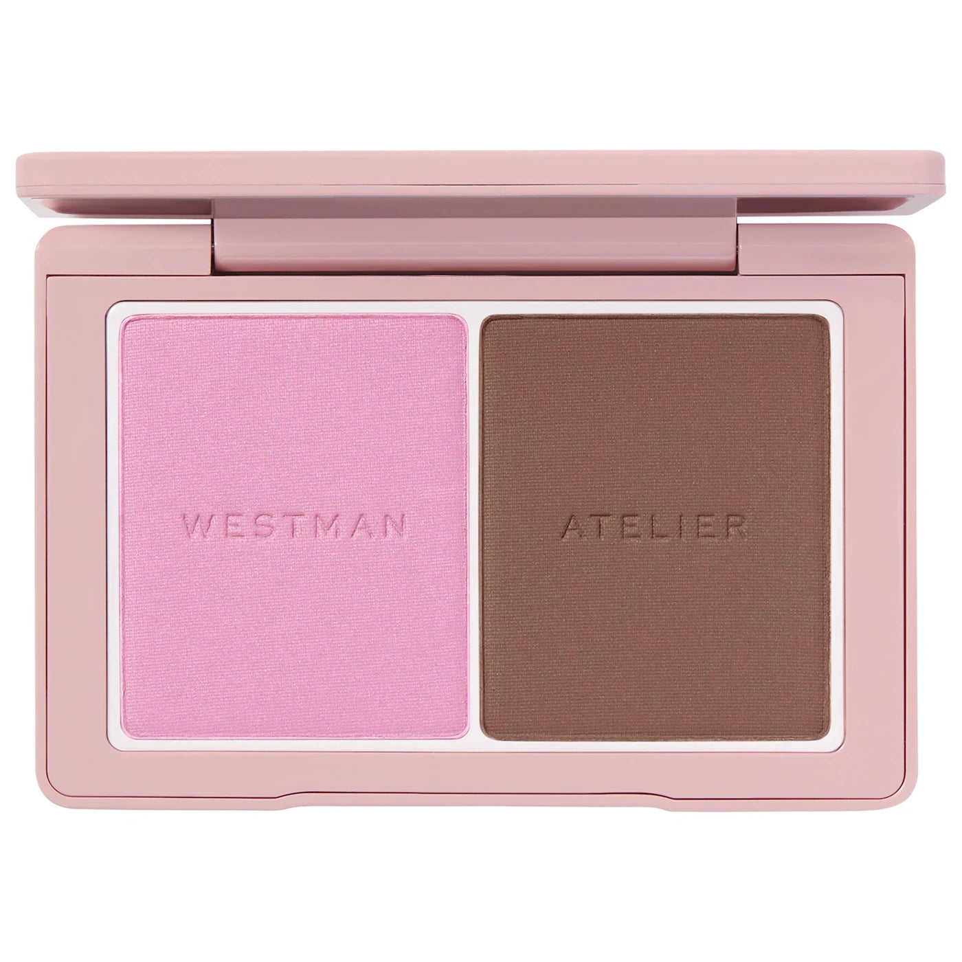 Makeup palette with two shades of blush in a pink case, featuring the brand 'Westman Atelier'.