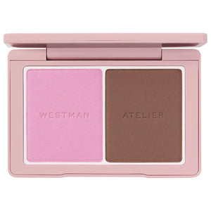 Makeup palette with two shades of blush in a pink case, featuring the brand 'Westman Atelier'.
