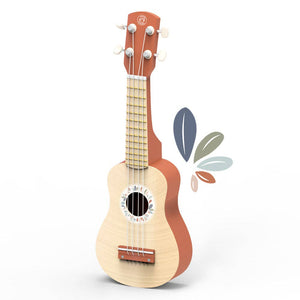 A soft nylon four string toy ukelele in terracotta and wooden color, designed for children with a leaf pattern on the background.