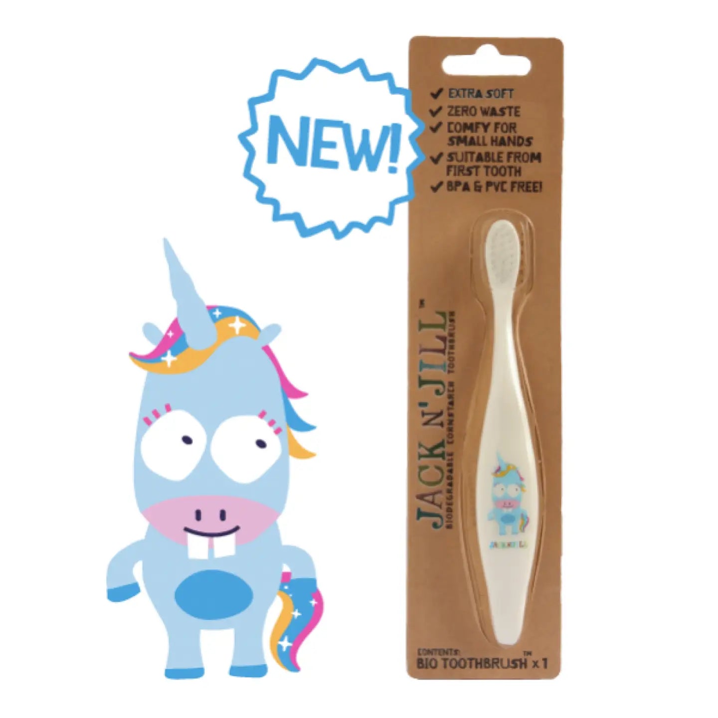 A children's toothbrush with a unicorn character design, featuring extra soft bristles and an ergonomic handle. The packaging is labeled as compostable and the product is marked as suitable from first tooth, with a cartoon unicorn illustrated on the front.