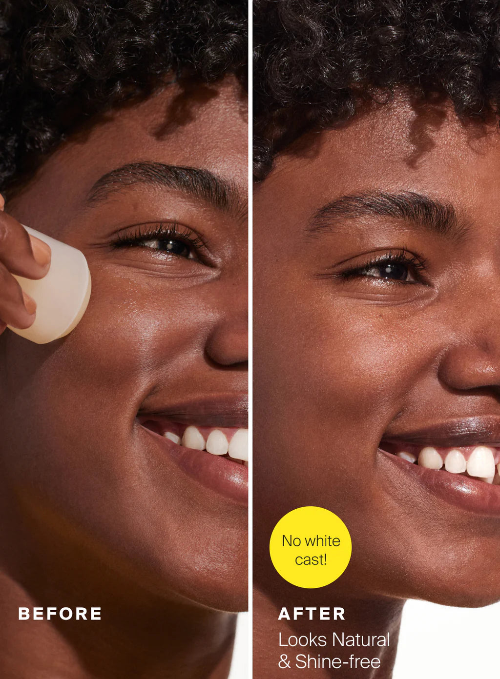 Before and after comparison of a woman applying makeup with a yellow label indicating 'No white cast' and 'Looks Natural & Shine-free'.