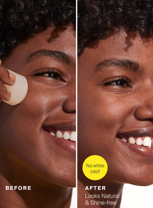 Before and after comparison of a woman applying makeup with a yellow label indicating 'No white cast' and 'Looks Natural & Shine-free'.