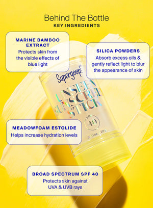Supergoop sunscreen bottle with key ingredients listed on a yellow background