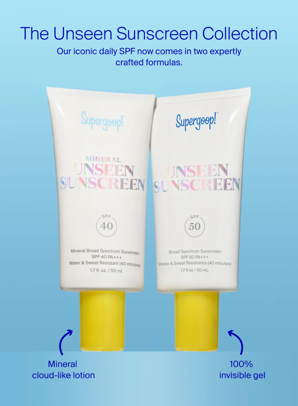 Two Supergoop! Unseen Sunscreen bottles on a blue background with text about the product.