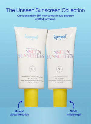Two Supergoop! Unseen Sunscreen bottles on a blue background with text about the product.