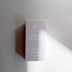 A boxed perfume set labeled 'Liis | Eau de Parfum - Unseen Discovery Set' displayed against a light background.