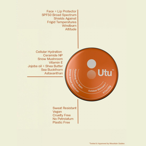 Orange container of Utu face and lip protector with product features listed on a beige background