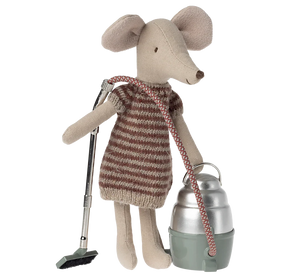 Stuffed mouse toy with a striped dress, vacuum cleaner, and bucket on a white background