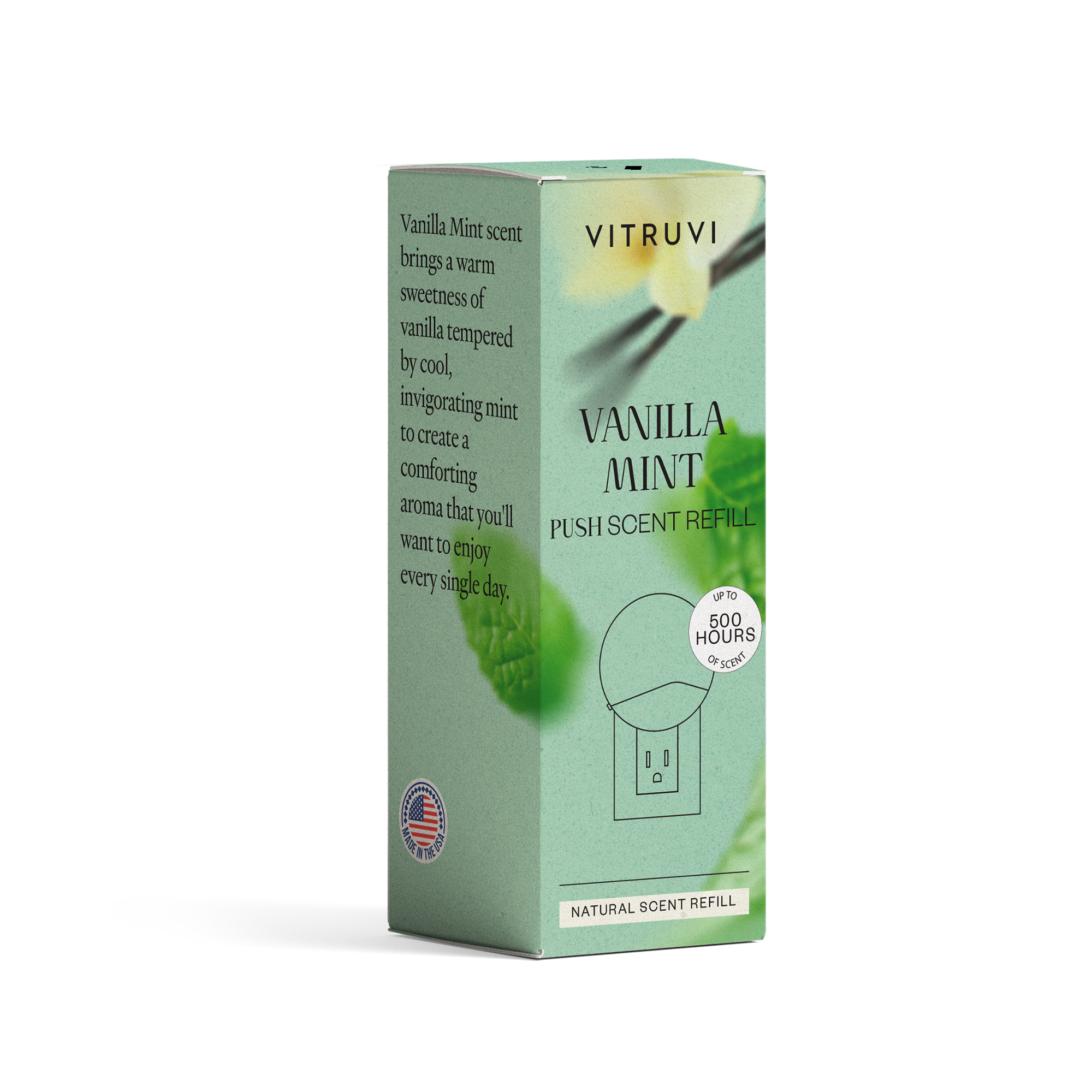 Vitruvi Vanilla Mint push-scent refill packaging on a white background