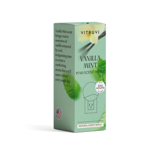 Vitruvi Vanilla Mint push-scent refill packaging on a white background