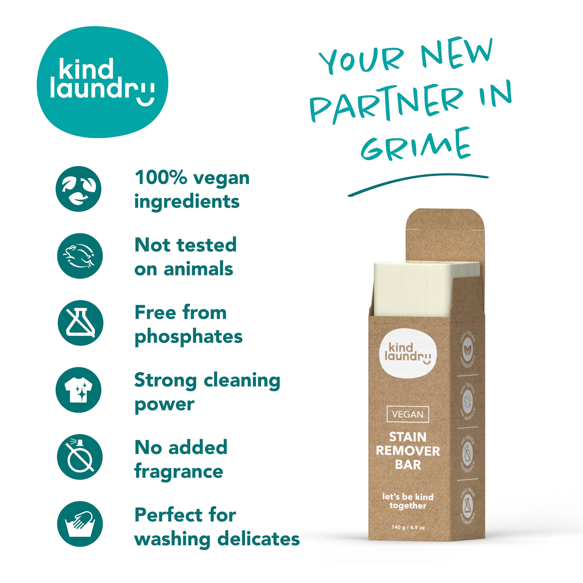 A Kind Laundry vegan stain remover stick with benefits listed. 