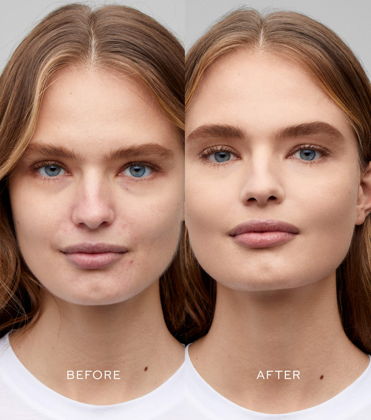 Before and after comparison of a woman's face with visible skin texture differences.